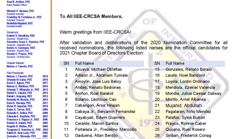 Official Candidates for 2021 IIEE-CRCSA Chapter Board of Director Election