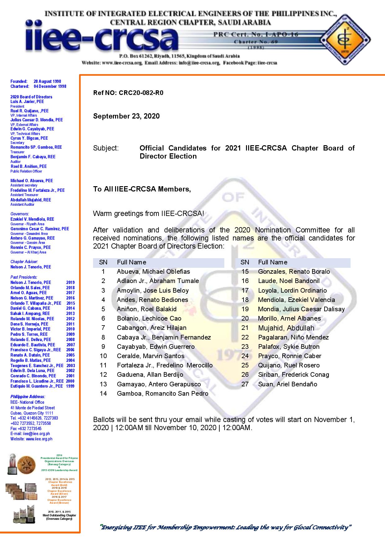 Official Candidates for 2021 IIEE-CRCSA Chapter Board of Director Election