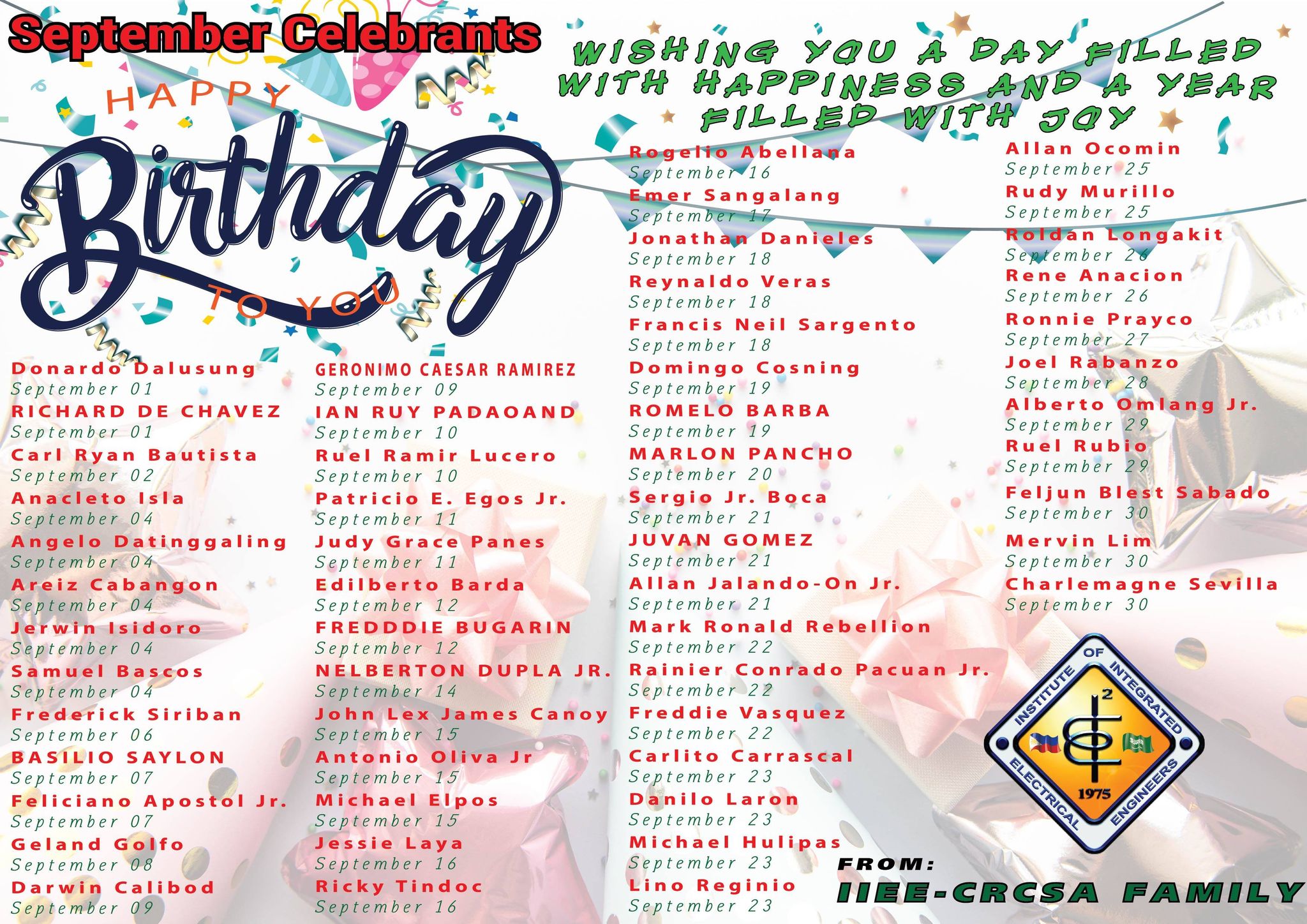 September 2020 IIEE-CRCSA Family Celebrants