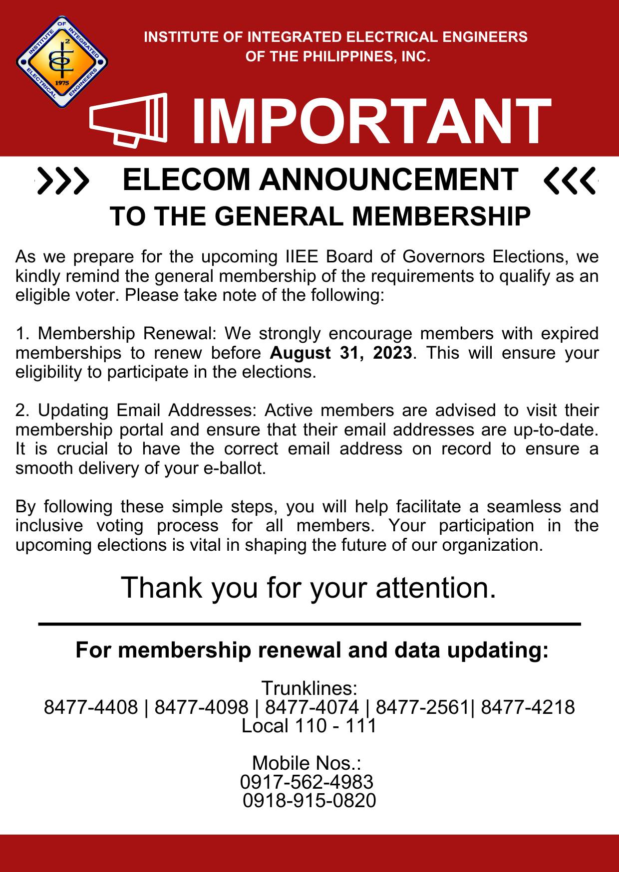 “ELECOM ANNOUNCEMENT” To the General Membership